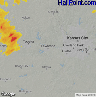 Hail Map for Lawerence, KS Region on June 28, 2020