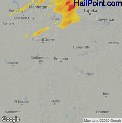 Hail Map for Emporia, KS Region on June 28, 2020