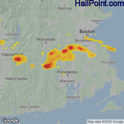 Hail Map for Woonsocket, RI Region on June 28, 2020