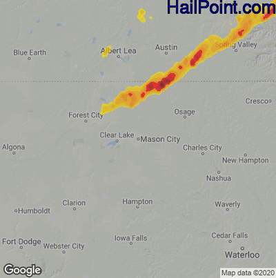 Hail Map for Mason City, IA Region on June 28, 2020