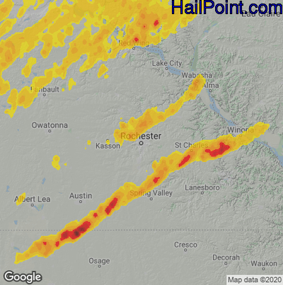 Hail Map for Rochester, MN Region on June 28, 2020