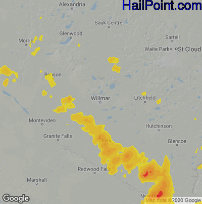 Hail Map for Willmar, MN Region on June 29, 2020