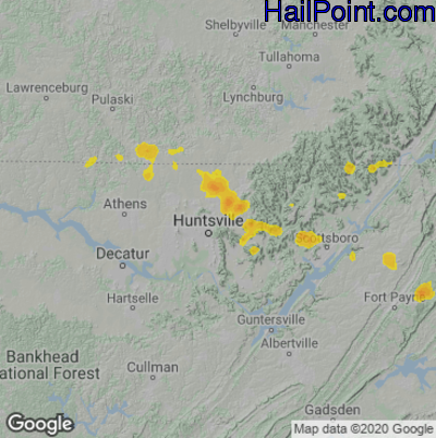 Hail Map for Huntsville, AL Region on June 29, 2020 