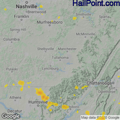 Hail Map for Tullahoma, TN Region on June 29, 2020