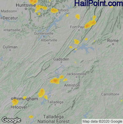 Hail Map for Gadsen, AL Region on June 29, 2020