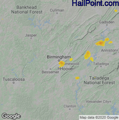 Hail Map for Birmingham, AL Region on June 29, 2020