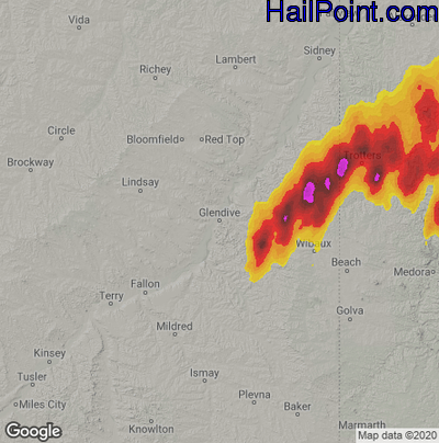 Hail Map for Glendive, MT Region on June 29, 2020