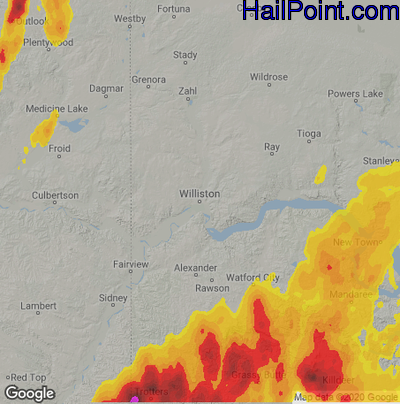Hail Map for Williston, ND Region on June 29, 2020