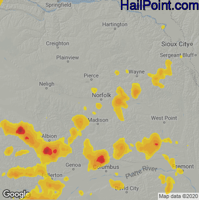Hail Map for Norfolk, NE Region on July 1, 2020