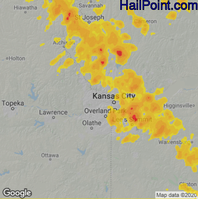 Hail Map for Kansas City, KS Region on July 1, 2020