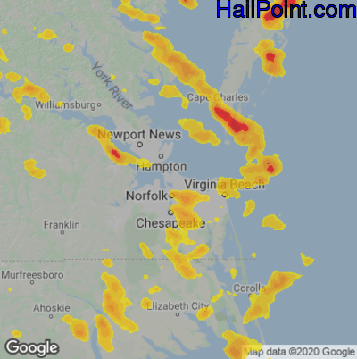 Hail Map for Norfolk, VA Region on July 1, 2020