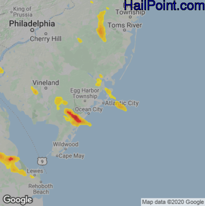 Hail Map for Atlantic City, NJ Region on July 1, 2020