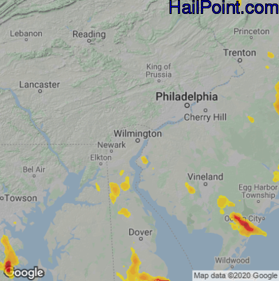 Hail Map for Wilmington, DE Region on July 1, 2020