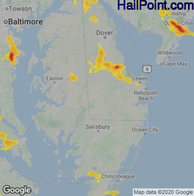 Hail Map for Seaford, DE Region on July 1, 2020