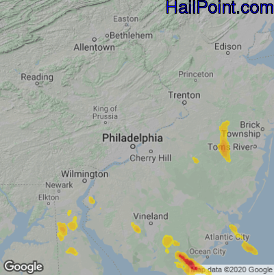 Hail Map for Philadelphia, PA Region on July 1, 2020