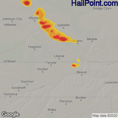 Hail Map for Liberal, KS Region on July 1, 2020 