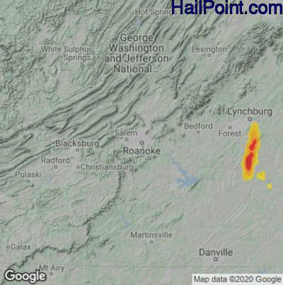 Hail Map for Roanoke, VA Region on July 2, 2020