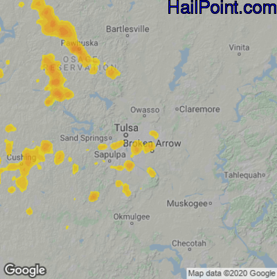 Hail Map for Tulsa, OK Region on July 2, 2020