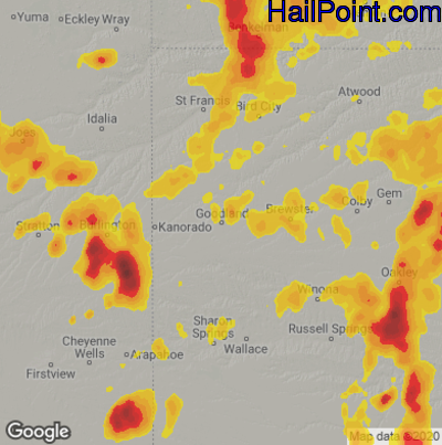 Hail Map for Goodland, KS Region on July 2, 2020