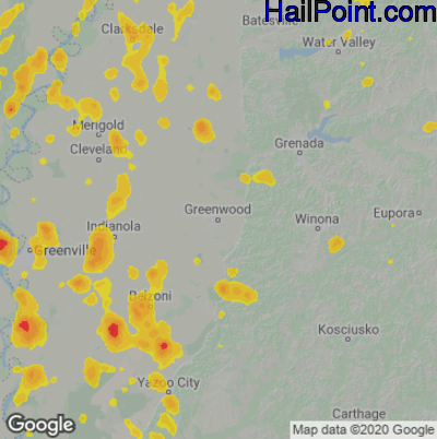 Hail Map for Greenwood, MS Region on July 2, 2020