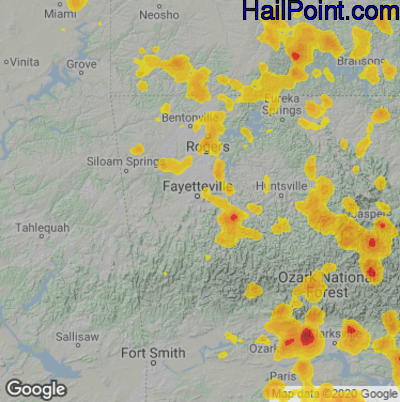 Hail Map for Fayetteville, AR Region on July 2, 2020