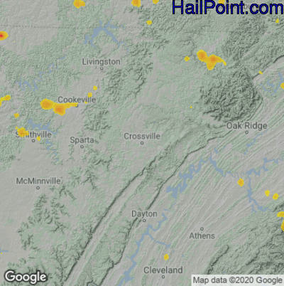 Hail Map for Crossville, TN Region on July 5, 2020