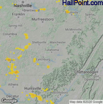 Hail Map for Tullahoma, TN Region on July 5, 2020