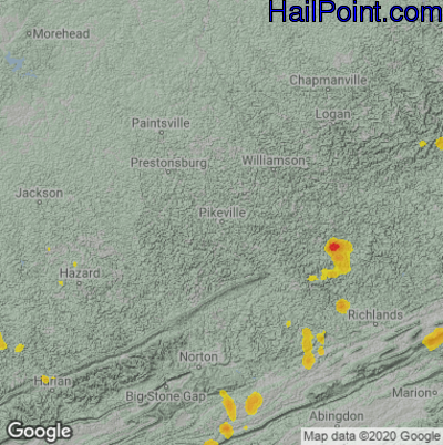 Hail Map for Pikeville, KY Region on July 5, 2020 