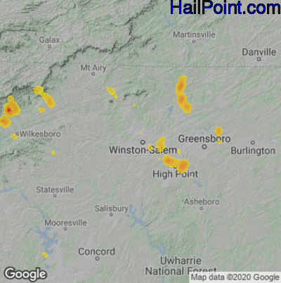 Hail Map for Winston-Salem, NC Region on July 5, 2020