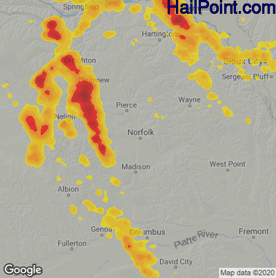 Hail Map for Norfolk, NE Region on July 6, 2020