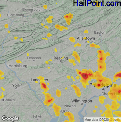 Hail Map for Reading, PA Region on July 6, 2020