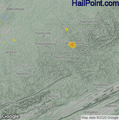 Hail Map for Pikeville, KY Region on July 6, 2020