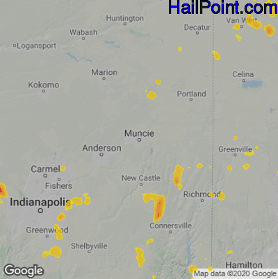 Hail Map for Muncie, IN Region on July 7, 2020
