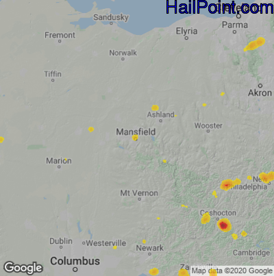 Hail Map for Mansfield, OH Region on July 7, 2020