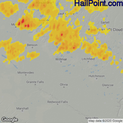 Hail Map for Willmar, MN Region on July 8, 2020 