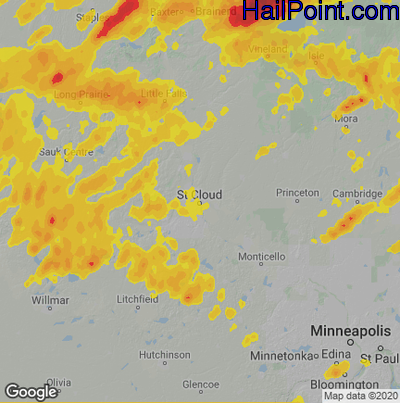 Hail Map for St Cloud, MN Region on July 8, 2020