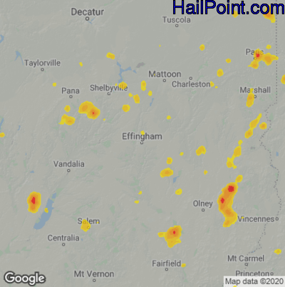 Hail Map for Effingham, IL Region on July 8, 2020