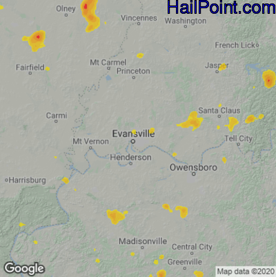 Hail Map for Evansville, IN Region on July 8, 2020