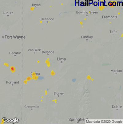 Hail Map for Lima, OH Region on July 8, 2020