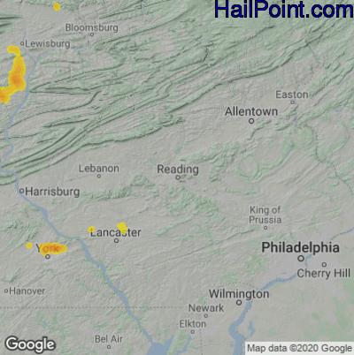 Hail Map for Reading, PA Region on July 8, 2020