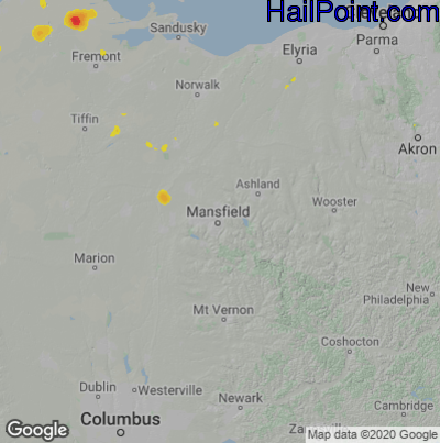 Hail Map for Mansfield, OH Region on July 8, 2020 