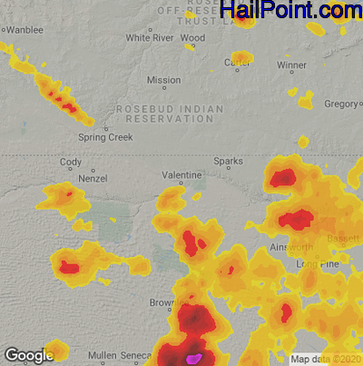 Hail Map for Valentine, NE Region on July 8, 2020