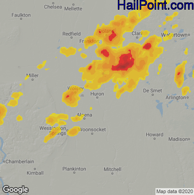 Hail Map for Huron, SD Region on July 9, 2020