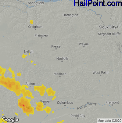 Hail Map for Norfolk, NE Region on July 9, 2020