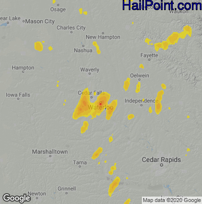 Hail Map for Waterloo, IA Region on July 9, 2020