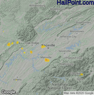 Hail Map for Knoxville, TN Region on July 9, 2020