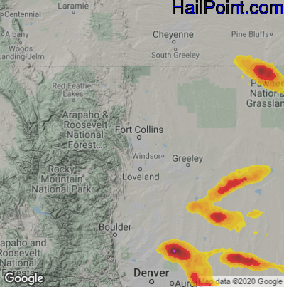 Hail Map for Fort Collins, CO Region on July 9, 2020