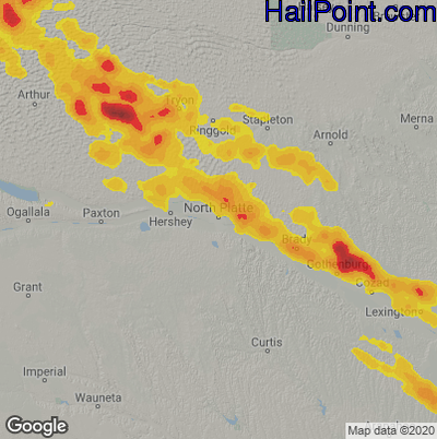 Hail Map for North Platte, NE Region on July 10, 2020