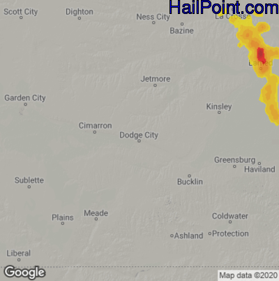 Hail Map for Dodge City, KS Region on July 10, 2020 
