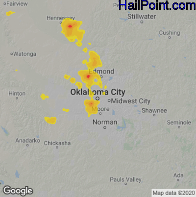 Hail Map for Oklahoma City, OK Region on July 10, 2020